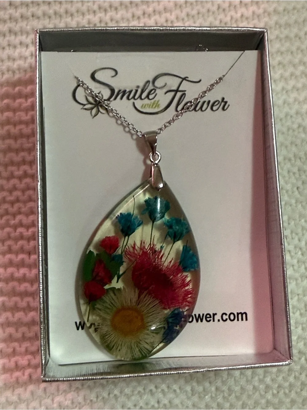 Teardrop Resin Pendant Necklace - Multicolor Floral silver S925
